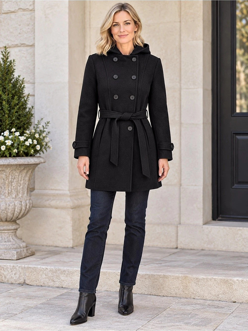 Marvin Hooded Belted Pea Coat Black Size Medium